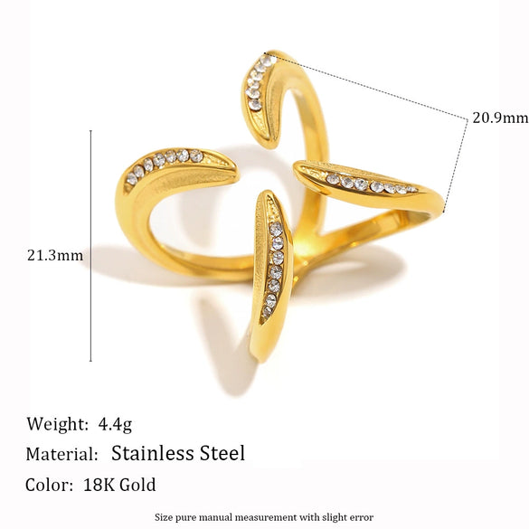 Fashion Trendy Niche Design Hand Jewelry Stainless Steel 18K Gold Plated Fourclaw Open Ring Geometric Pattern Electroplated