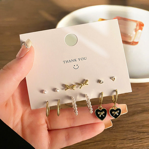 Fashion Trendy Oildropping Heart Butterfly Imitation Pearl Alloy Earrings Set For Women With Electroplating