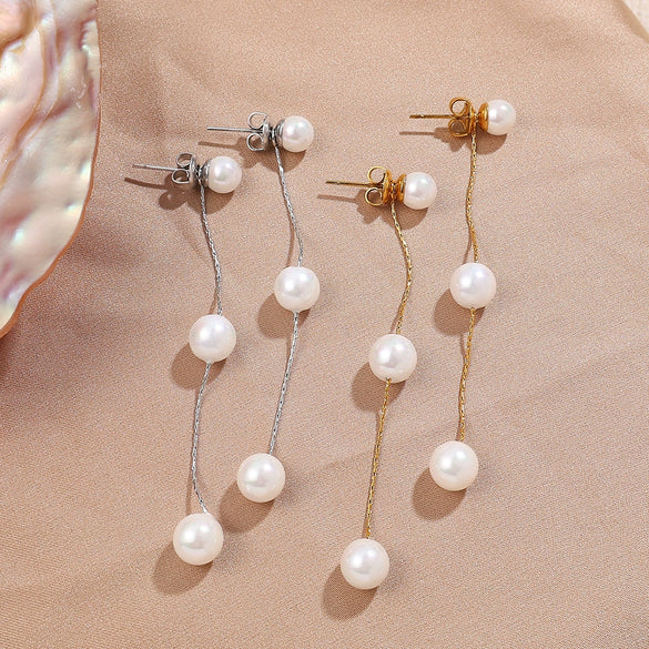 Fashion Trendy Women's Earrings 316L Stainless Steel Glass Beads Gold Long Tassel Electroplating Design