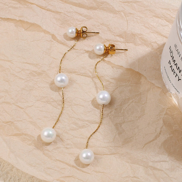 Fashion Trendy Women's Earrings 316L Stainless Steel Glass Beads Gold Long Tassel Electroplating Design