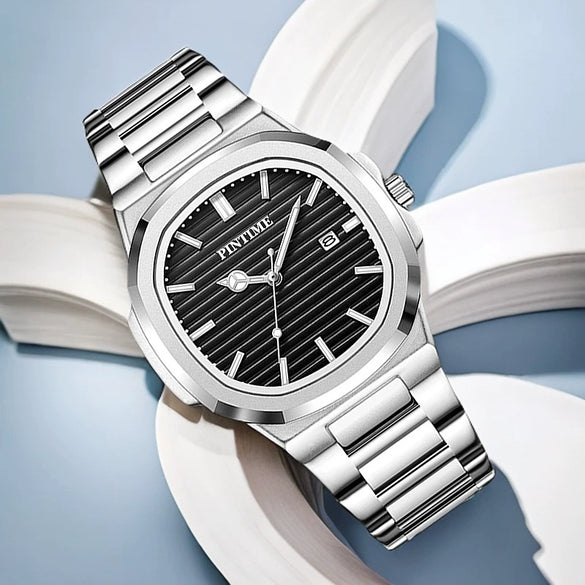 Fashion Ultrathin Men's Alloy And Stainless Steel Quartz Watch With Luminous Calendar Waterproof Round Dial