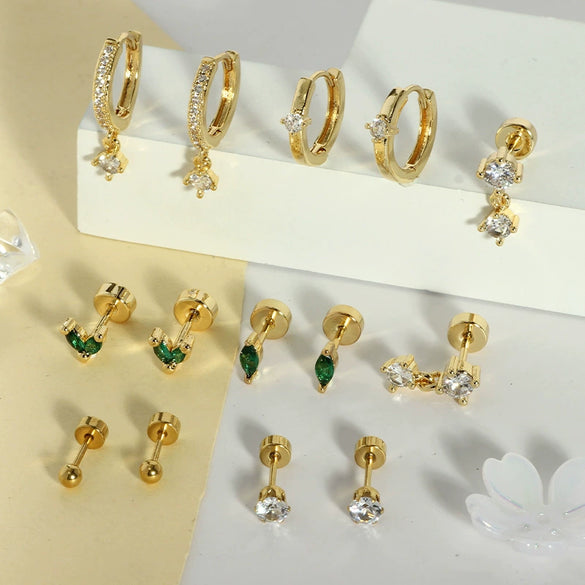 Fashion Unisex Geometric Stainless Steel Earrings With Emerald Set Zircon And Electroplating Design
