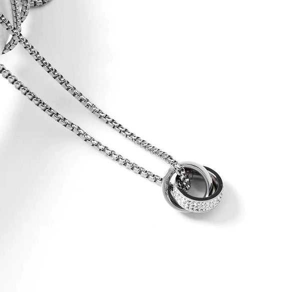 Fashion Unisex Geometric Titanium Steel Double Ring Crystal Necklace With Electroplating Treatment