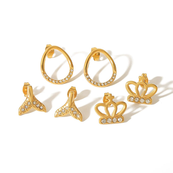 Fashion Unisex Stainless Steel Fishtail Crown Geometric Diamondencrusted Electroplated Earrings