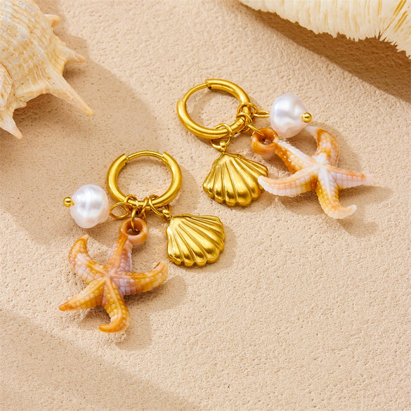 Fashion Vacation Style Stainless Steel Earrings With Shell Pearl Starfish Pendant And Goldplated Star Pattern