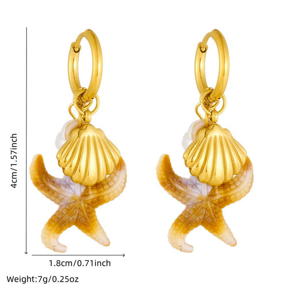 Fashion Vacation Style Stainless Steel Earrings With Shell Pearl Starfish Pendant And Goldplated Star Pattern