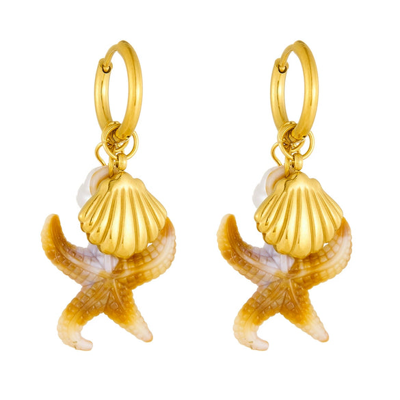 Fashion Vacation Style Stainless Steel Earrings With Shell Pearl Starfish Pendant And Goldplated Star Pattern