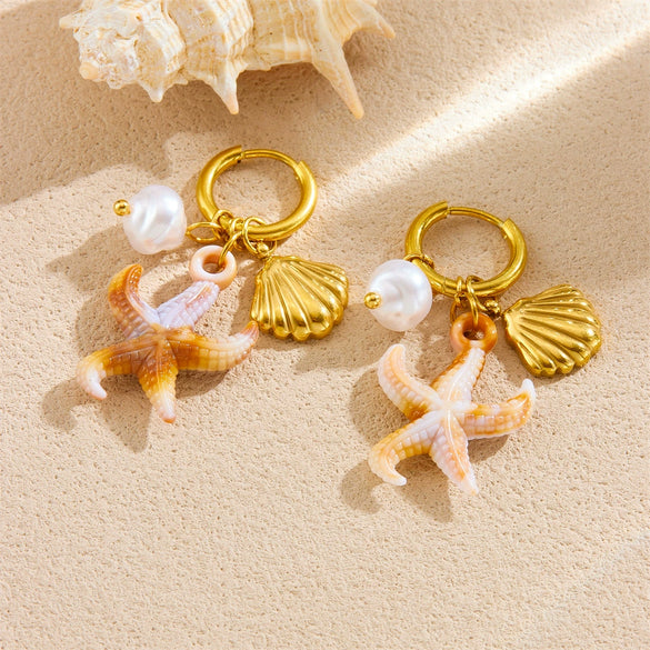 Fashion Vacation Style Stainless Steel Earrings With Shell Pearl Starfish Pendant And Goldplated Star Pattern