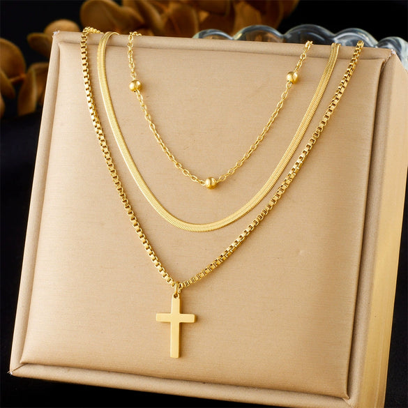 Fashion Versatile Goldplated Multilayered Clavicle Chain Cross Stainless Steel Pendant Unisex Necklace Electroplated