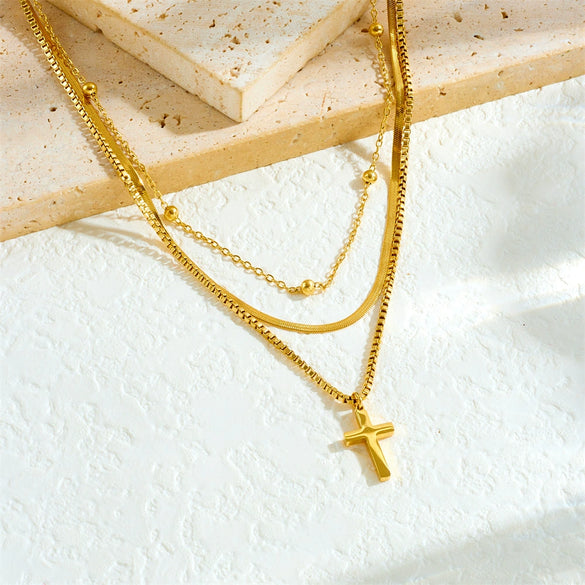 Fashion Versatile Goldplated Multilayered Clavicle Chain Cross Stainless Steel Pendant Unisex Necklace Electroplated