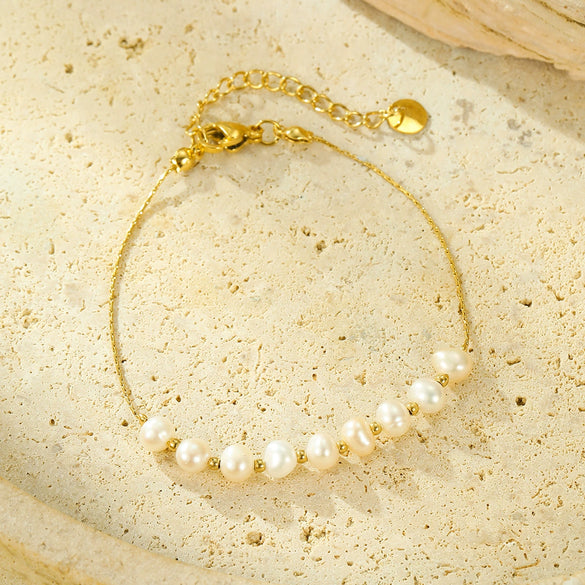 Fashion Versatile Pearl Adjustable Stainless Steel 18K Gold Plated Bracelet For Women