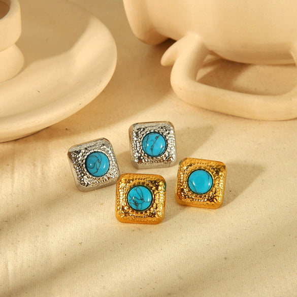 Fashion Vintage Geometric Inlaid Natural Turquoise Titanium Steel Earrings For Women