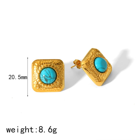 Fashion Vintage Geometric Inlaid Natural Turquoise Titanium Steel Earrings For Women