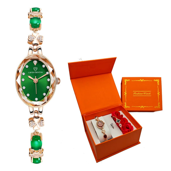 Fashion Waterproof Emerald Decorative Women's Quartz Watch With Alloy Case And Strap Oval Dial Mineral Reinforced Glass Mirror Stainless Steel Jewelry Buckle