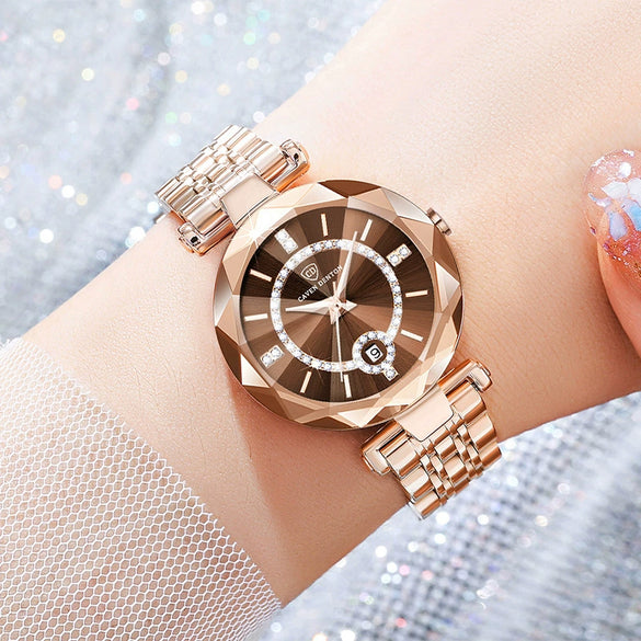 Fashion Waterproof Ladies Quartz Calendar Watch With Star Drill Surface Solid Stainless Steel Band Mineral Strengthened Glass Mirror And Alloy Case