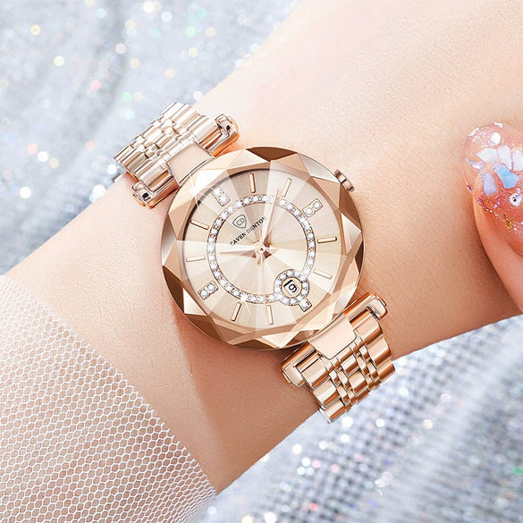 Fashion Waterproof Ladies Quartz Calendar Watch With Star Drill Surface Solid Stainless Steel Band Mineral Strengthened Glass Mirror And Alloy Case