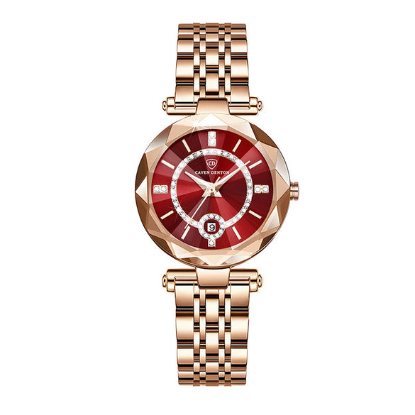 Fashion Waterproof Ladies Quartz Calendar Watch With Star Drill Surface Solid Stainless Steel Band Mineral Strengthened Glass Mirror And Alloy Case