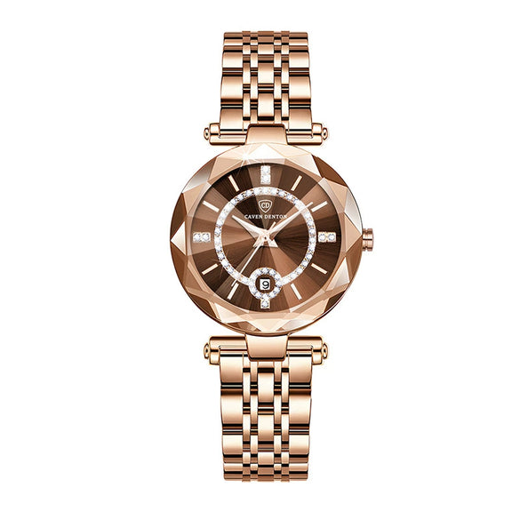 Fashion Waterproof Ladies Quartz Calendar Watch With Star Drill Surface Solid Stainless Steel Band Mineral Strengthened Glass Mirror And Alloy Case