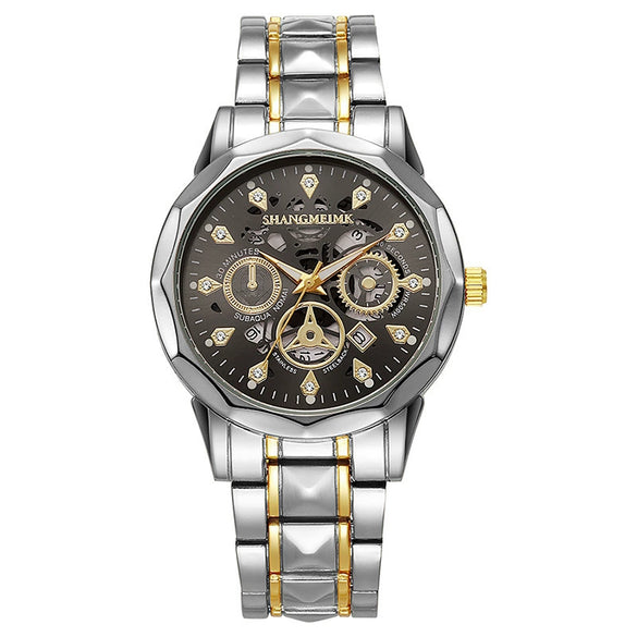 Fashion Waterproof Luminous Automatic Quartz Relief Hollow Alloy Men's Watch With Mineral Reinforced Glass Mirror And Stainless Steel Buckle