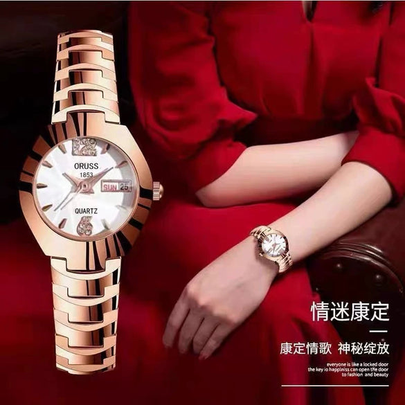 Fashion Waterproof Luminous Women's Steel Belt Quartz Watch With Double Calendar And Round Dial