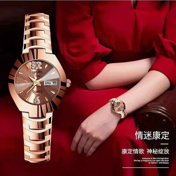 Fashion Waterproof Luminous Women's Steel Belt Quartz Watch With Double Calendar And Round Dial