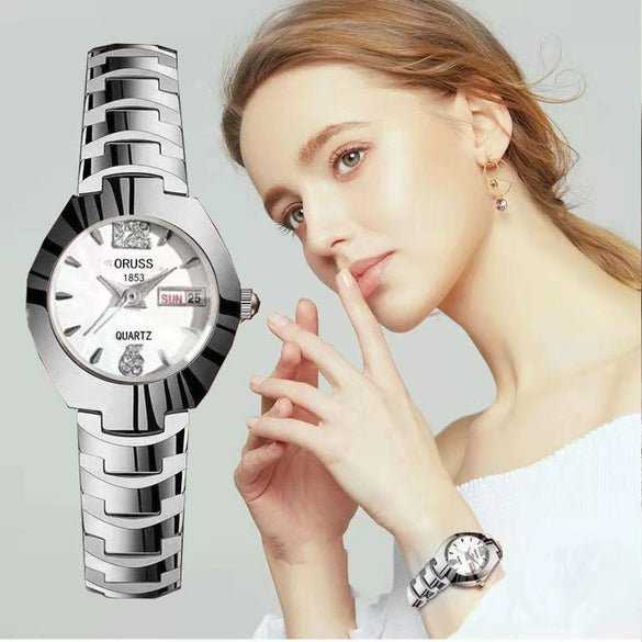 Fashion Waterproof Luminous Women's Steel Belt Quartz Watch With Double Calendar And Round Dial