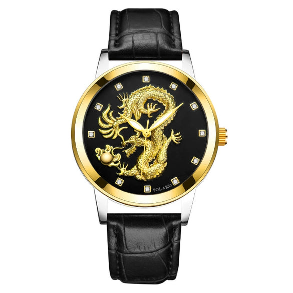 Fashion Waterproof Men's Watch With Dragon Pattern Metal Case Leather Strap And Round Dial