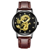 Fashion Waterproof Men's Watch With Dragon Pattern Metal Case Leather Strap And Round Dial