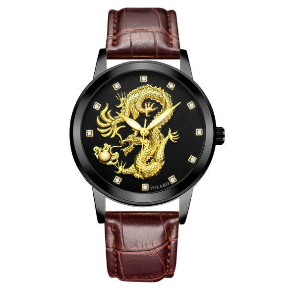 Fashion Waterproof Men's Watch With Dragon Pattern Metal Case Leather Strap And Round Dial