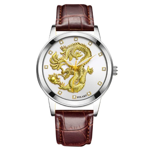 Fashion Waterproof Men's Watch With Dragon Pattern Metal Case Leather Strap And Round Dial