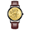 Fashion Waterproof Men's Watch With Dragon Pattern Metal Case Leather Strap And Round Dial