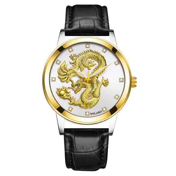 Fashion Waterproof Men's Watch With Dragon Pattern Metal Case Leather Strap And Round Dial
