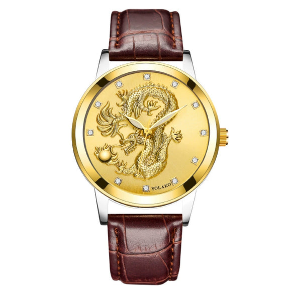 Fashion Waterproof Men's Watch With Dragon Pattern Metal Case Leather Strap And Round Dial