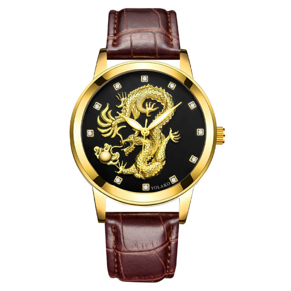 Fashion Waterproof Men's Watch With Dragon Pattern Metal Case Leather Strap And Round Dial