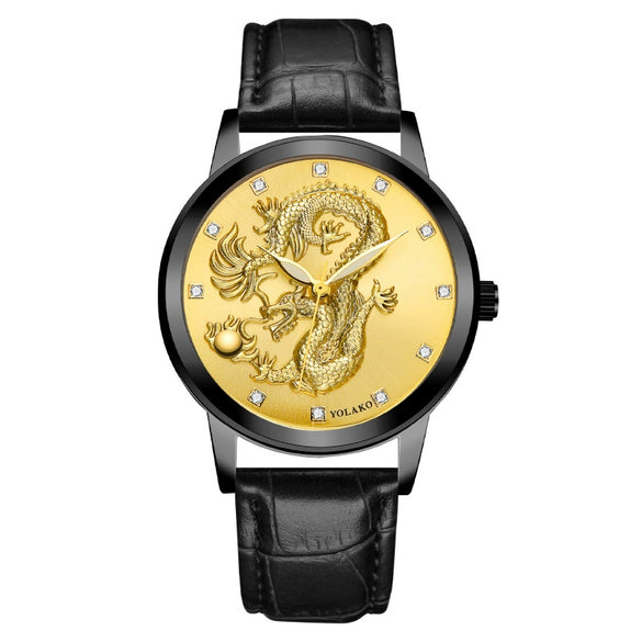 Fashion Waterproof Men's Watch With Dragon Pattern Metal Case Leather Strap And Round Dial