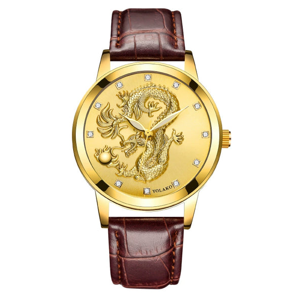 Fashion Waterproof Men's Watch With Dragon Pattern Metal Case Leather Strap And Round Dial
