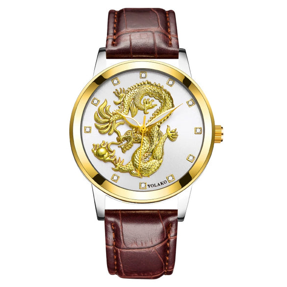 Fashion Waterproof Men's Watch With Dragon Pattern Metal Case Leather Strap And Round Dial