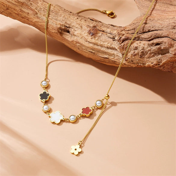 Fashion White Shell Five Petal Flower Pendant Long Tassel Chain Stainless Steel Gold Plated Women's Jewelry Necklace
