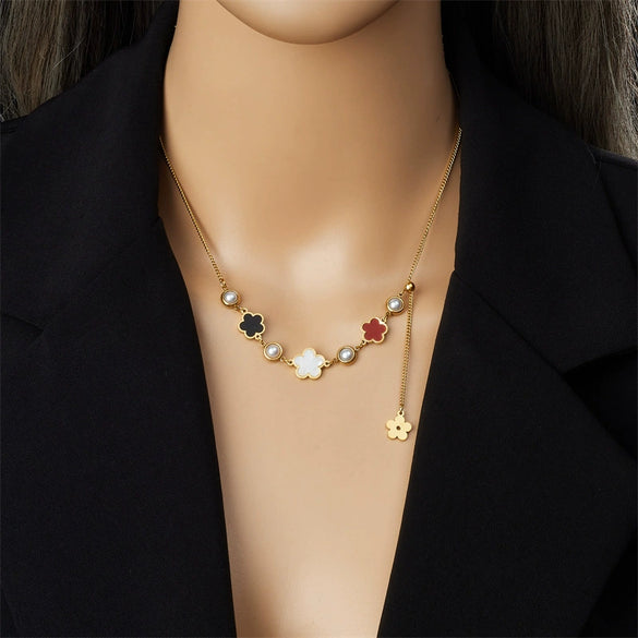 Fashion White Shell Five Petal Flower Pendant Long Tassel Chain Stainless Steel Gold Plated Women's Jewelry Necklace