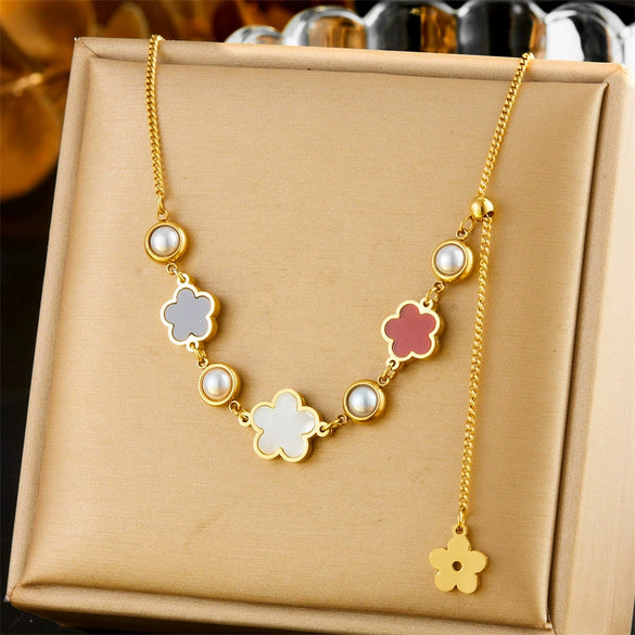 Fashion White Shell Five Petal Flower Pendant Long Tassel Chain Stainless Steel Gold Plated Women's Jewelry Necklace