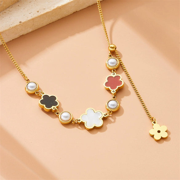 Fashion White Shell Fivepetal Flower Stainless Steel Goldplated Jewelry Necklace For Women