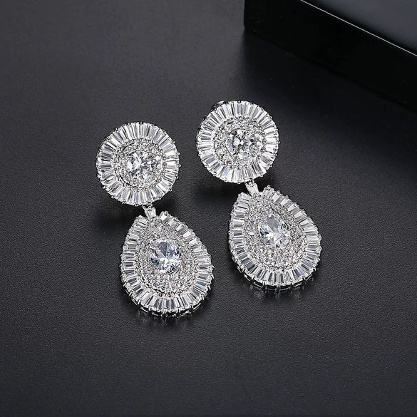 Fashion Women Copper Geometric Earrings With Zircon Inlay Electroplated Long Drop Statement Jewelry For Banquets