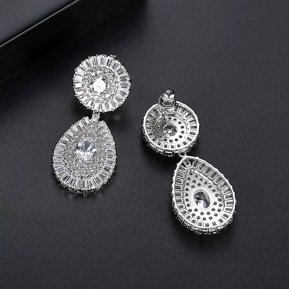 Fashion Women Copper Geometric Earrings With Zircon Inlay Electroplated Long Drop Statement Jewelry For Banquets
