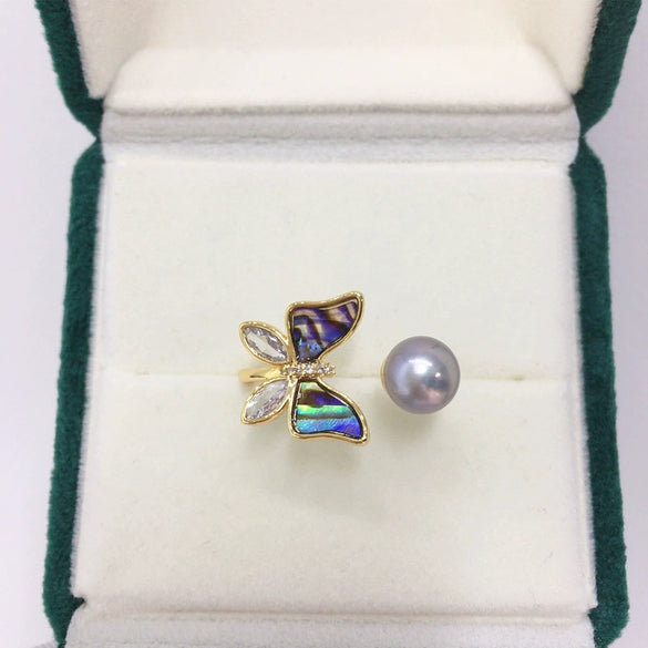 Fashion Women Freshwater Pearl Ring With Abalone Shell Butterfly Copper Accessories Electroplated 18K Real Gold Oblate And Treated Bun Round Pearl Shape