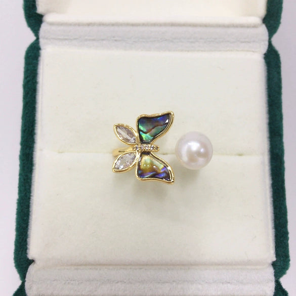 Fashion Women Freshwater Pearl Ring With Abalone Shell Butterfly Copper Accessories Electroplated 18K Real Gold Oblate And Treated Bun Round Pearl Shape