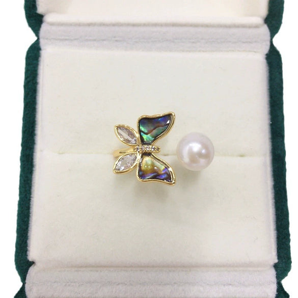 Fashion Women Freshwater Pearl Ring With Abalone Shell Butterfly Copper Accessories Electroplated 18K Real Gold Oblate And Treated Bun Round Pearl Shape