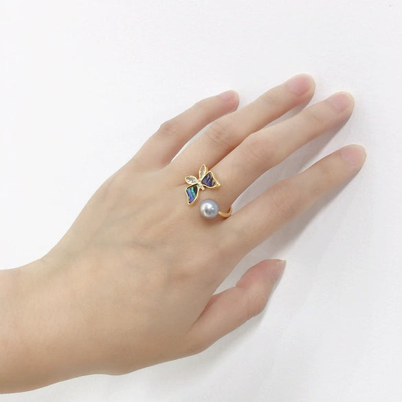 Fashion Women Freshwater Pearl Ring With Abalone Shell Butterfly Copper Accessories Electroplated 18K Real Gold Oblate And Treated Bun Round Pearl Shape