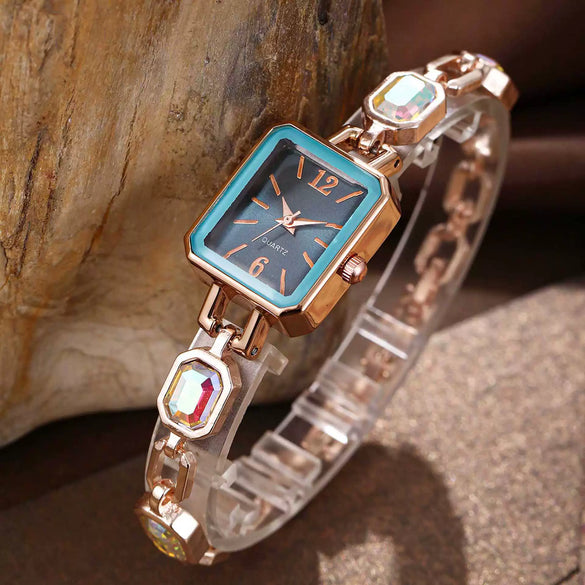 Fashion Women's Alloy Bracelet Watch With Square Dial And Colorful Gemstone