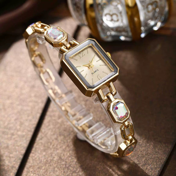 Fashion Women's Alloy Bracelet Watch With Square Dial And Colorful Gemstone