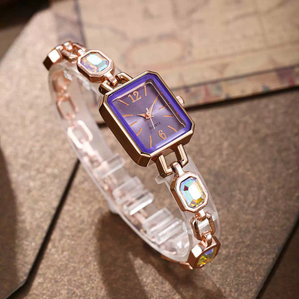 Fashion Women's Alloy Bracelet Watch With Square Dial And Colorful Gemstone